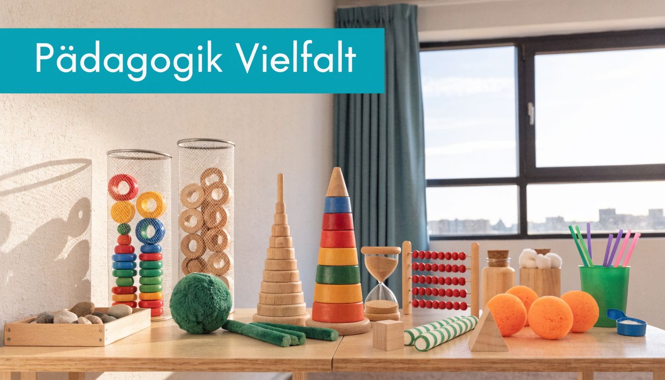 Ein Holztisch mit verschiedenen pädagogischen Lernspielzeugen und Montessori-Materialien vor einem Fenster in einem hellen Raum.