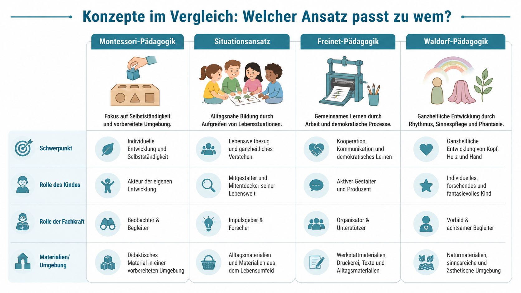 Vergleichstabelle verschiedener pädagogischer Ansätze wie Montessori, Situationsansatz, Freinet und Waldorf für den Kindergarten.