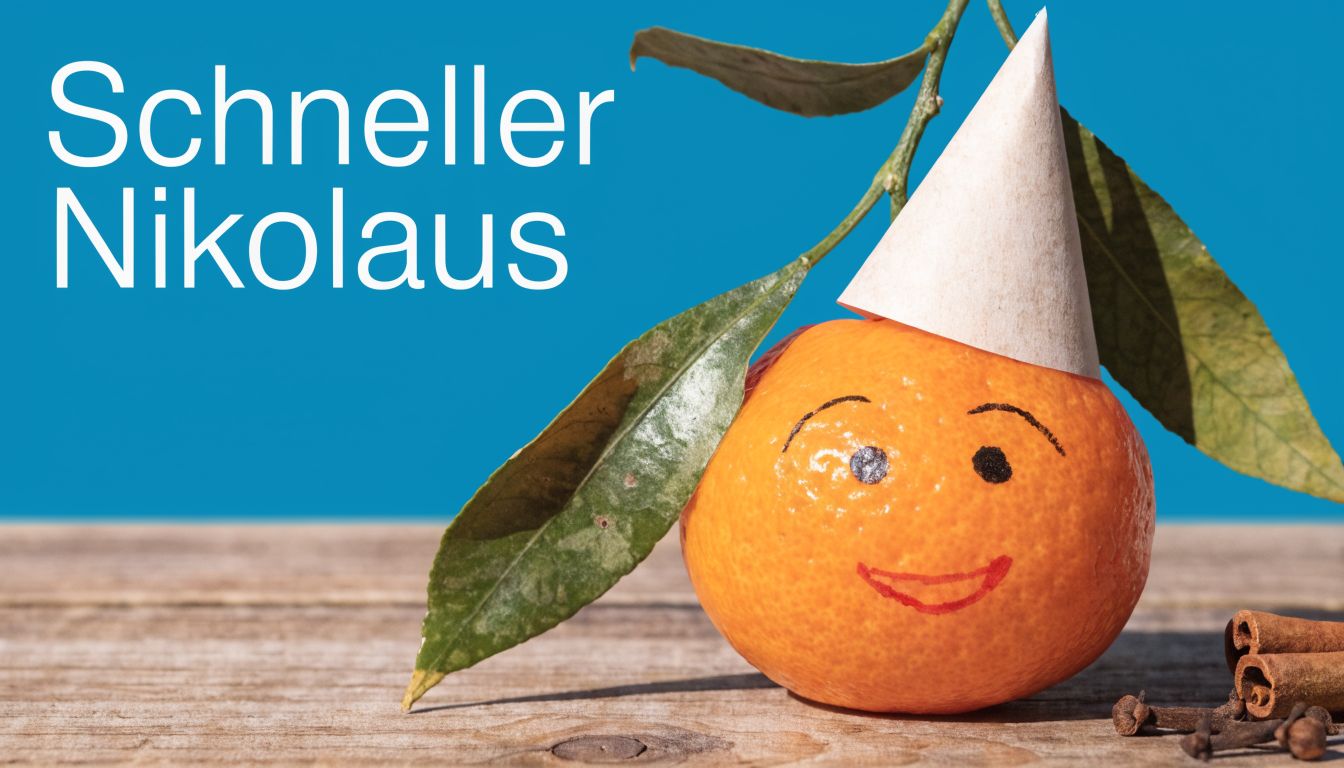 Eine Mandarine mit aufgemaltem Gesicht und einer Papierkappe steht vor einem leuchtend blauen Hintergrund auf Holz.