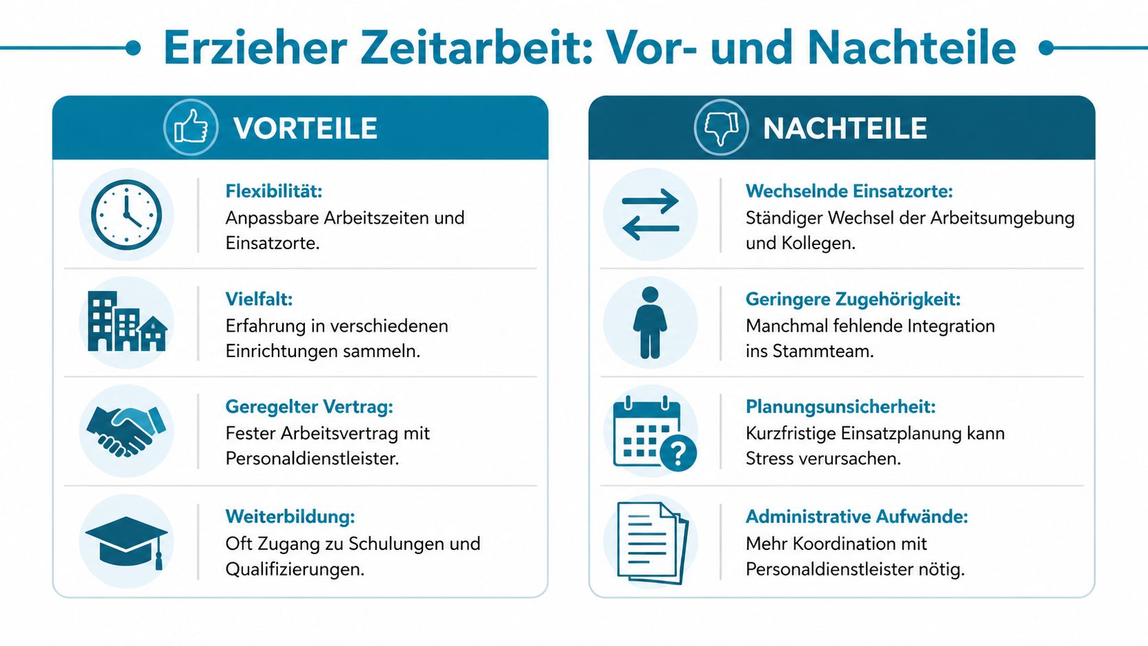 Eine Infografik mit den Vor- und Nachteilen von Zeitarbeit für Erzieher in einer übersichtlichen tabellarischen Darstellung.