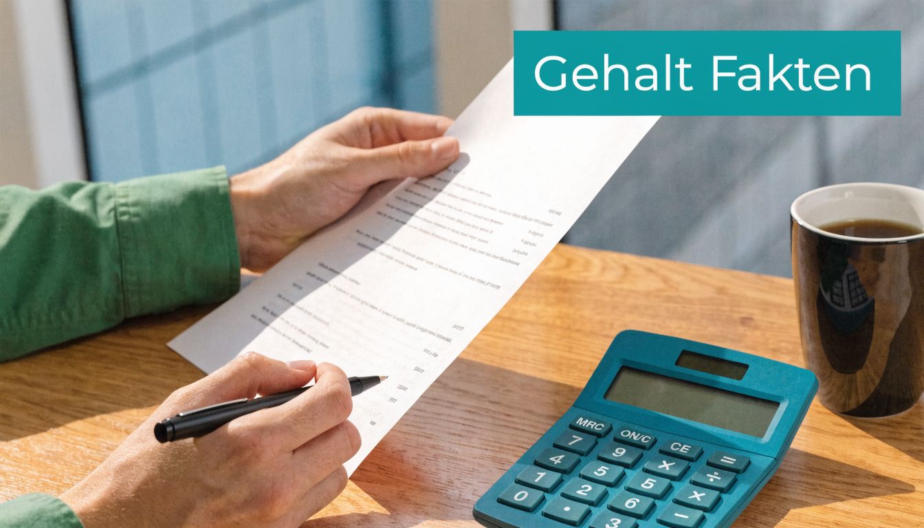 Eine Person sitzt an einem Schreibtisch und prüft mit einem Stift Gehaltsunterlagen neben einem Taschenrechner und Kaffee.