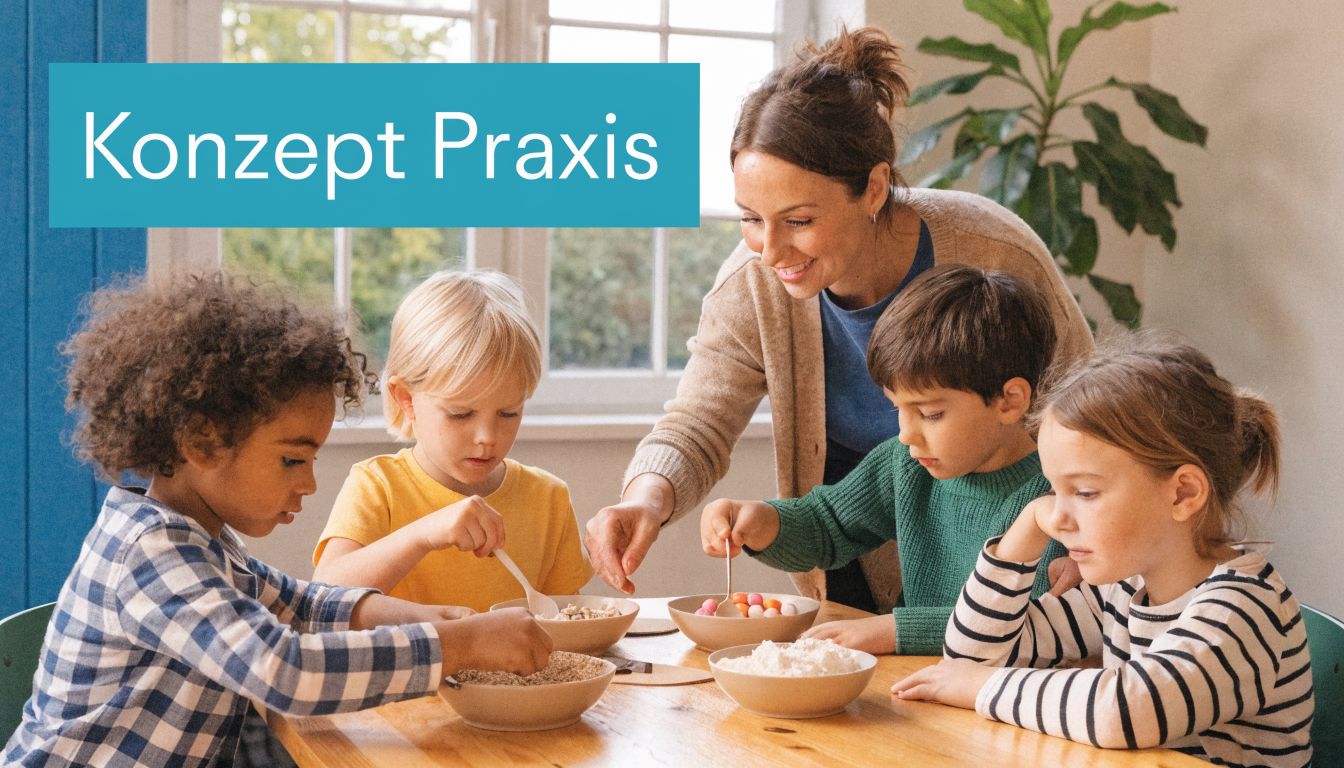 Eine Erzieherin arbeitet gemeinsam mit vier Kindern an einem Tisch bei einer kreativen Bastelaktivität.