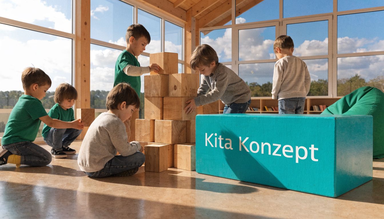 Eine Gruppe von Kindern spielt konzentriert mit Holzbausteinen in einem hellen, freundlichen Kindergarten mit großen Fensterfronten.