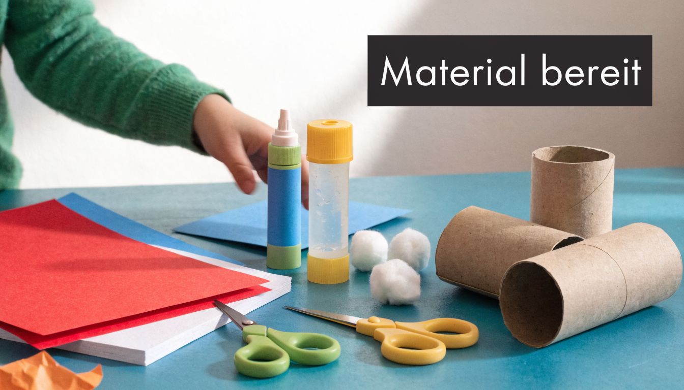 Ein Kind bereitet Bastelmaterialien wie Papier, Kleber, Schere, Wattebäusche und Papprollen auf einem blauen Tisch vor.