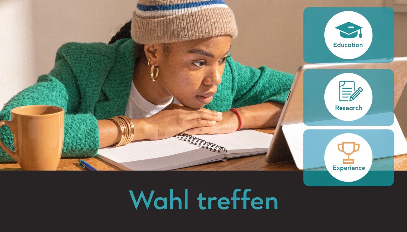 Eine junge Frau mit Beanie und grüner Jacke betrachtet konzentriert ein Tablet beim Lernen am Schreibtisch.