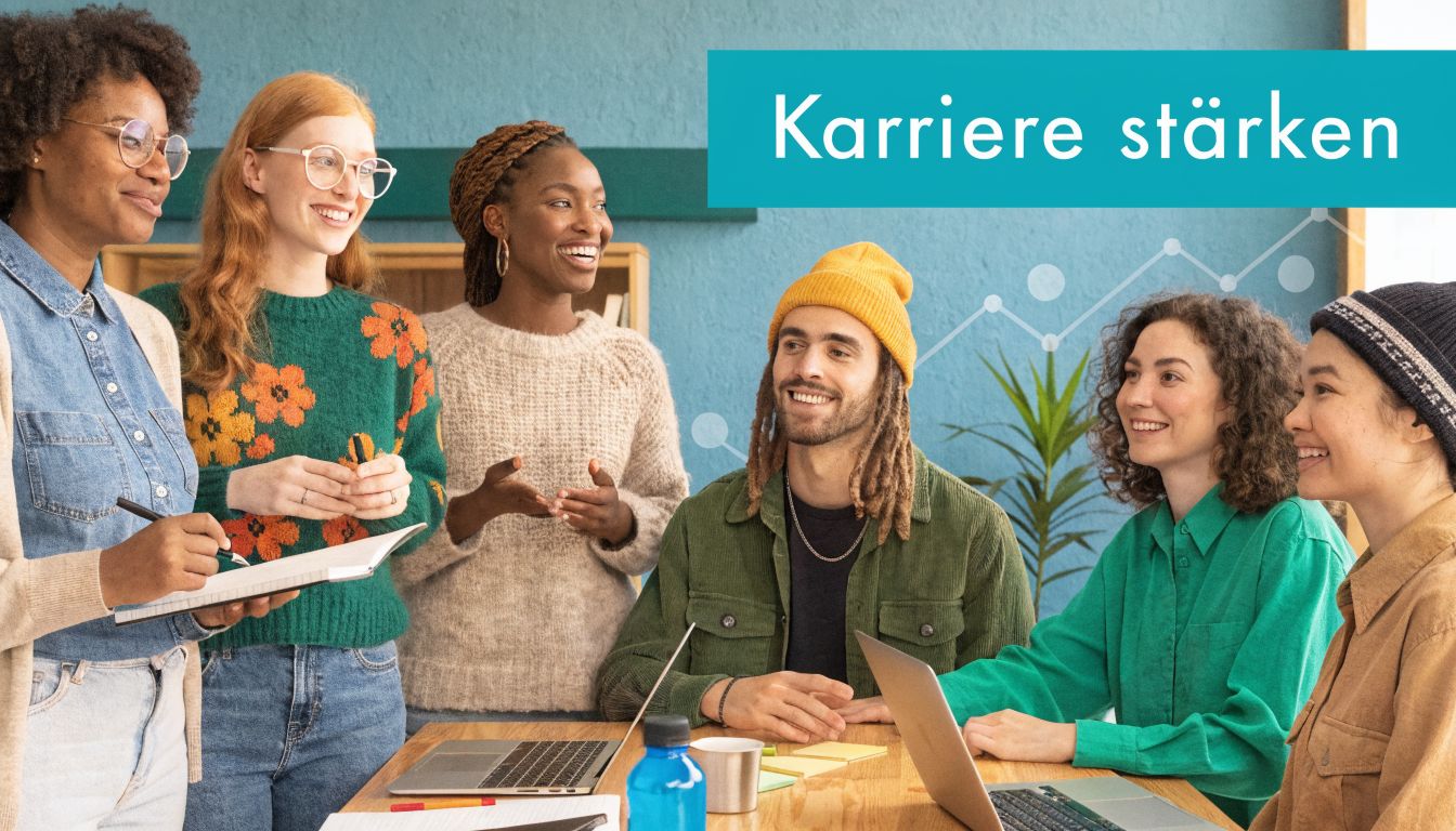Eine vielfältige Gruppe junger Erwachsener arbeitet gemeinsam in einer entspannten Büroumgebung an einer beruflichen Weiterbildung.