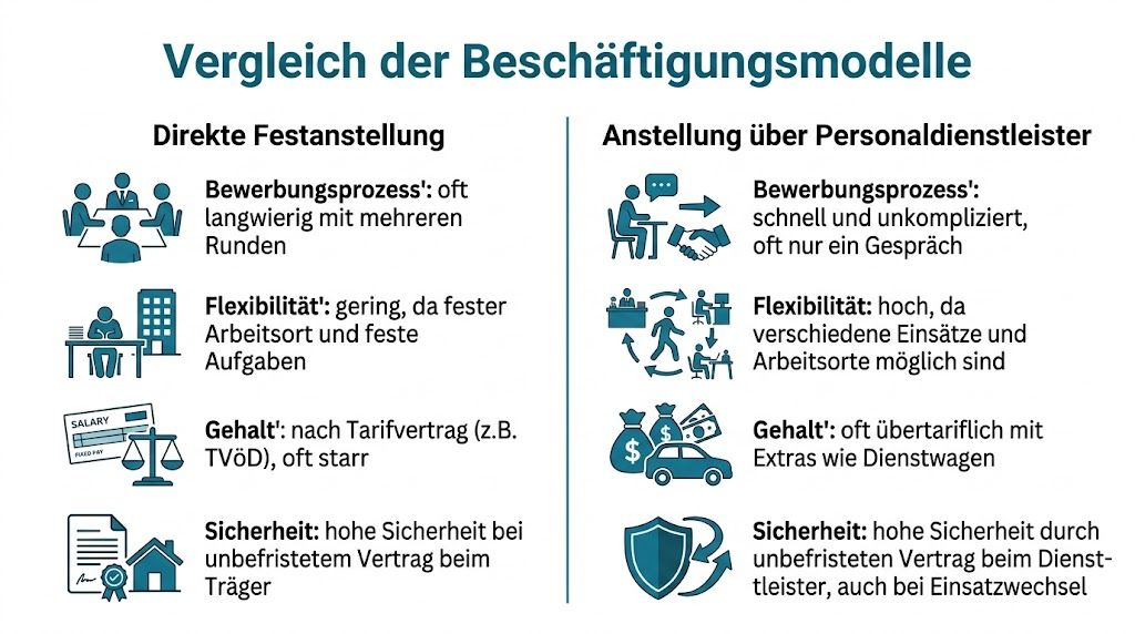 Grafik vergleicht Vor- und Nachteile von direkter Festanstellung und Anstellung über Personaldienstleister in der Sozialen Arbeit.