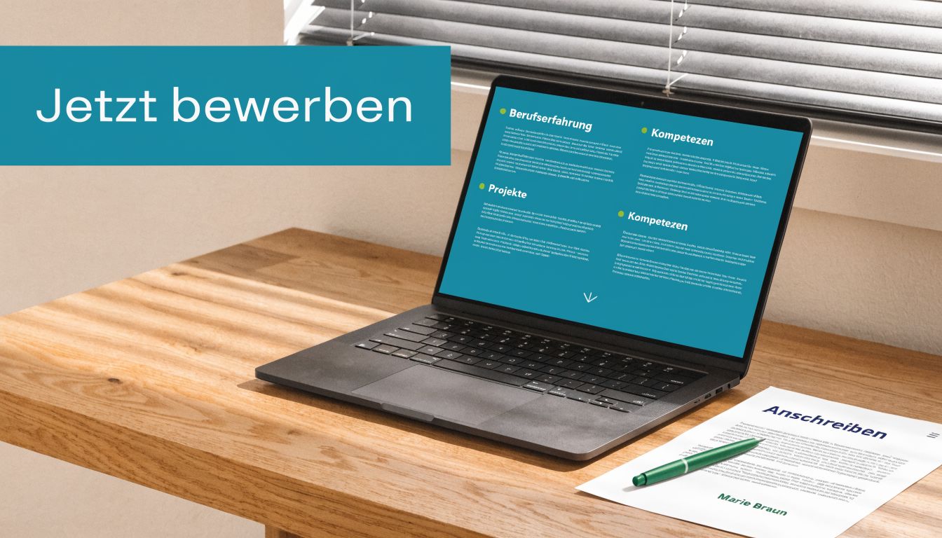 Ein Laptop mit Lebenslauf auf dem Bildschirm und ein Anschreiben auf einem hölzernen Schreibtisch.