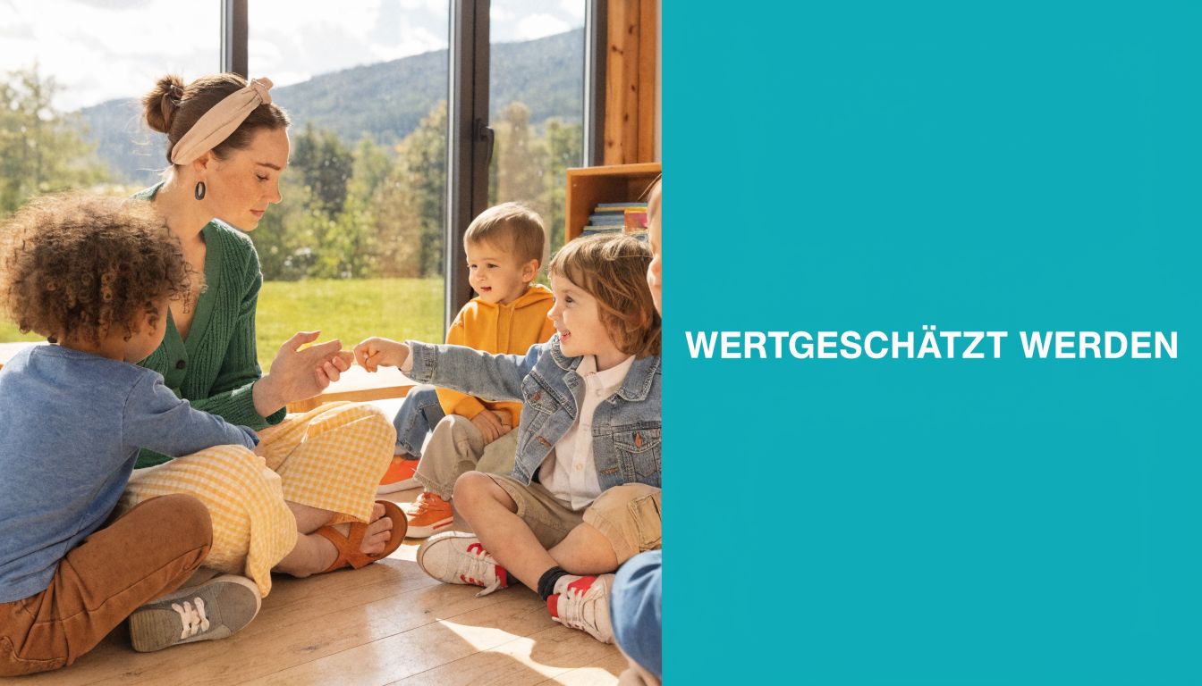 Eine Erzieherin sitzt mit Kindern auf dem Boden und macht eine Faust-Begrüßung im lichtdurchfluteten Gruppenraum.