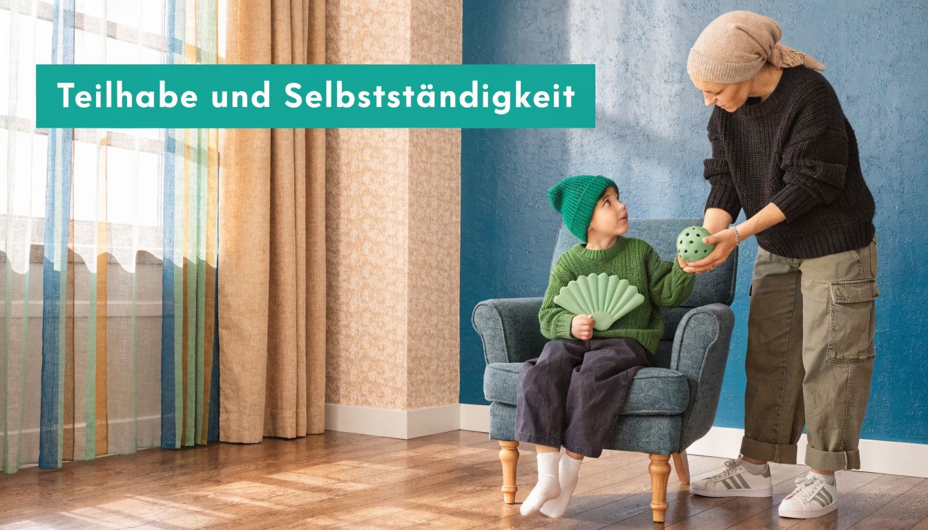 Eine Frau, die ein Kind mit einem Spielzeug unterstuetzt, steht neben einem Sessel in einem hellen Raum.