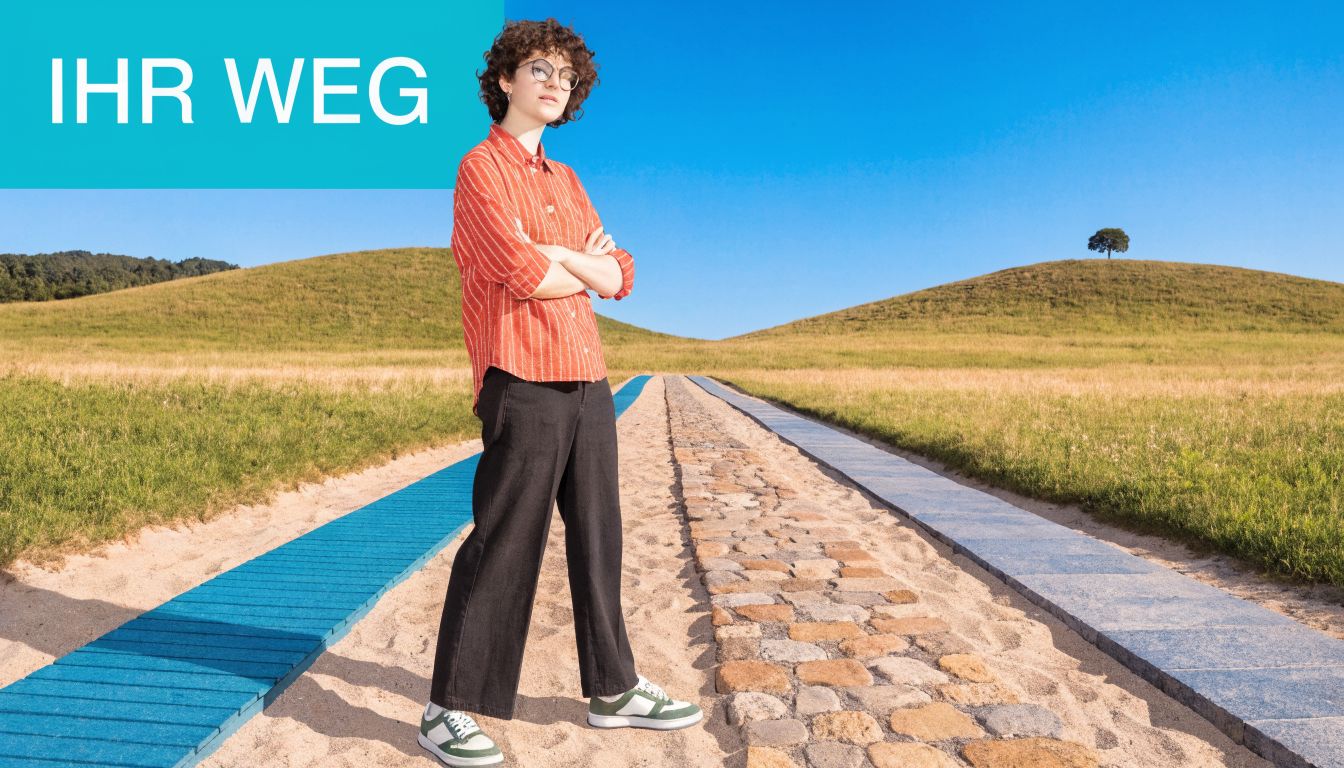Eine junge Person mit Brille steht selbstbewusst auf einem Weg, der in eine sonnige Hügellandschaft führt.
