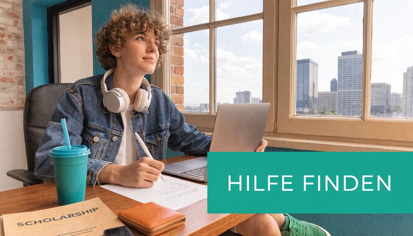 Ein junger Student mit Kopfhörern schreibt Notizen an einem Schreibtisch vor einem großen Fenster mit Stadtblick.
