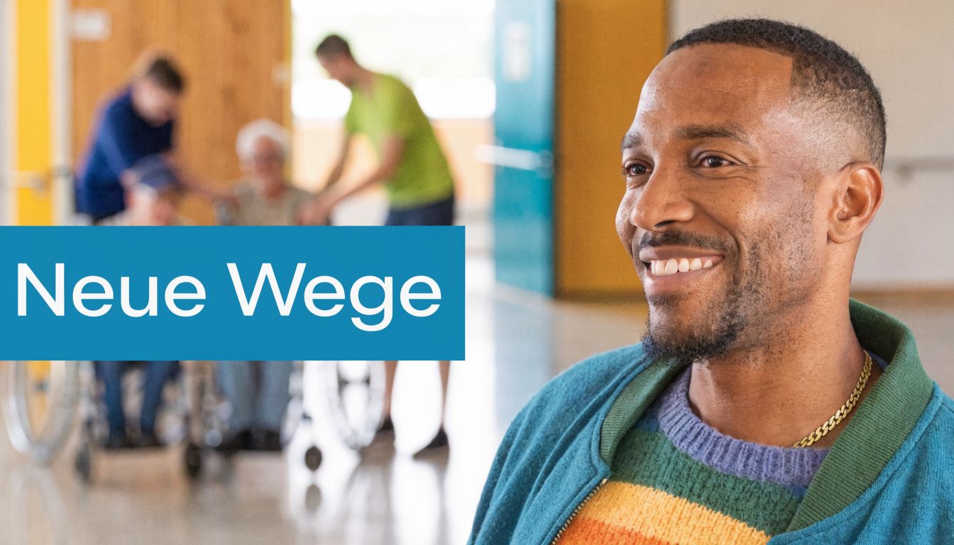Ein lächelnder junger Mann im Vordergrund vor verschwommenen Personen in einer sozialen Pflegeeinrichtung bei der Heilerziehungspflege.