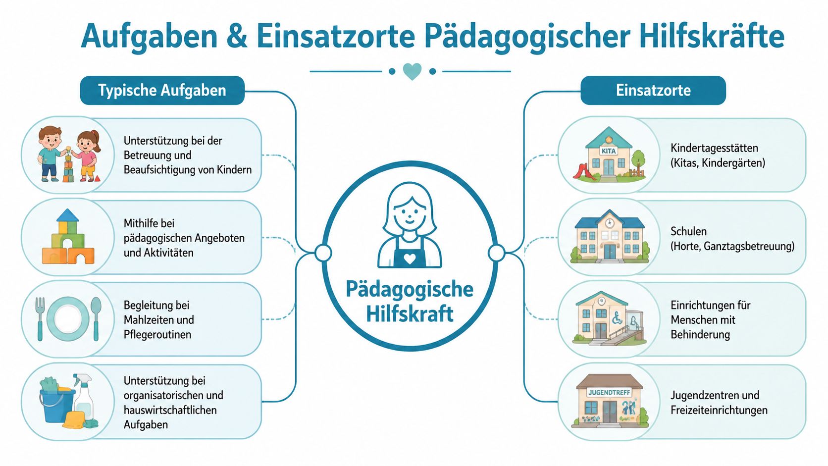 Übersichtsgrafik zu Aufgaben und Einsatzorten einer pädagogischen Hilfskraft in verschiedenen sozialen Einrichtungen und Betreuungsformen.