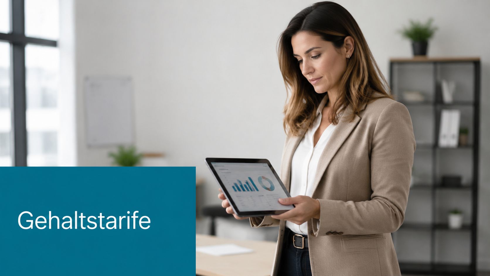 Eine professionelle Frau in einem hellen Büro hält ein Tablet mit grafischen Auswertungen zum Thema Gehaltstarife in Händen.