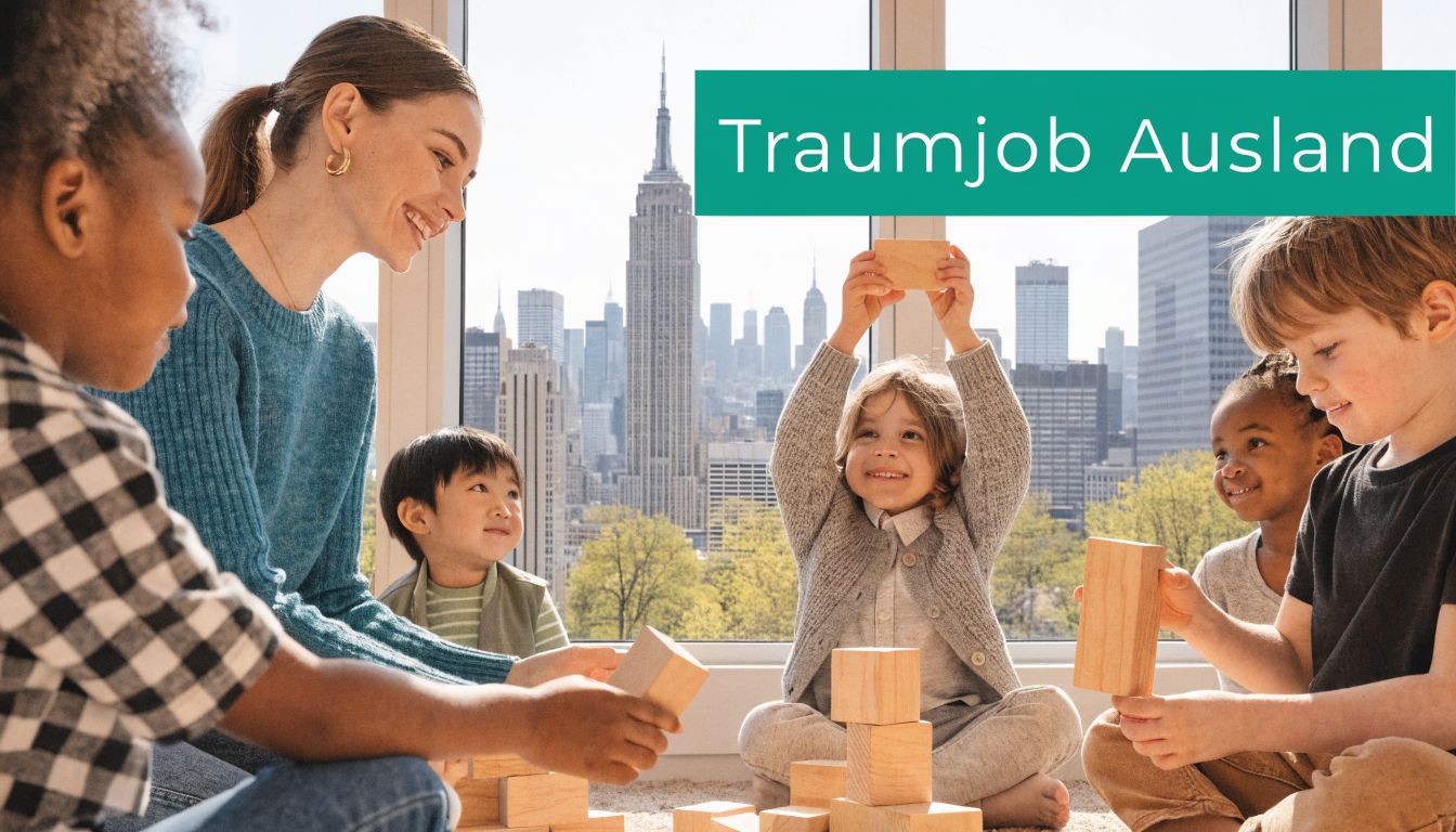 Eine lächelnde Erzieherin spielt mit Kindern in einem hellen Raum mit Blick auf eine moderne Skyline.