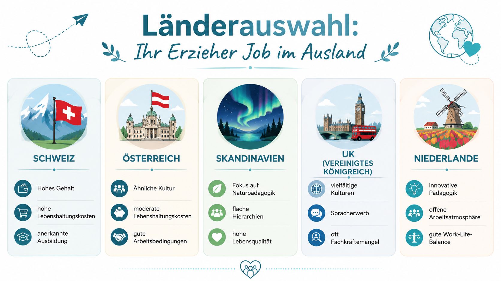 Infografik zur Länderauswahl für Erzieher, die im Ausland arbeiten möchten, mit Übersicht über verschiedene europäische Länder.