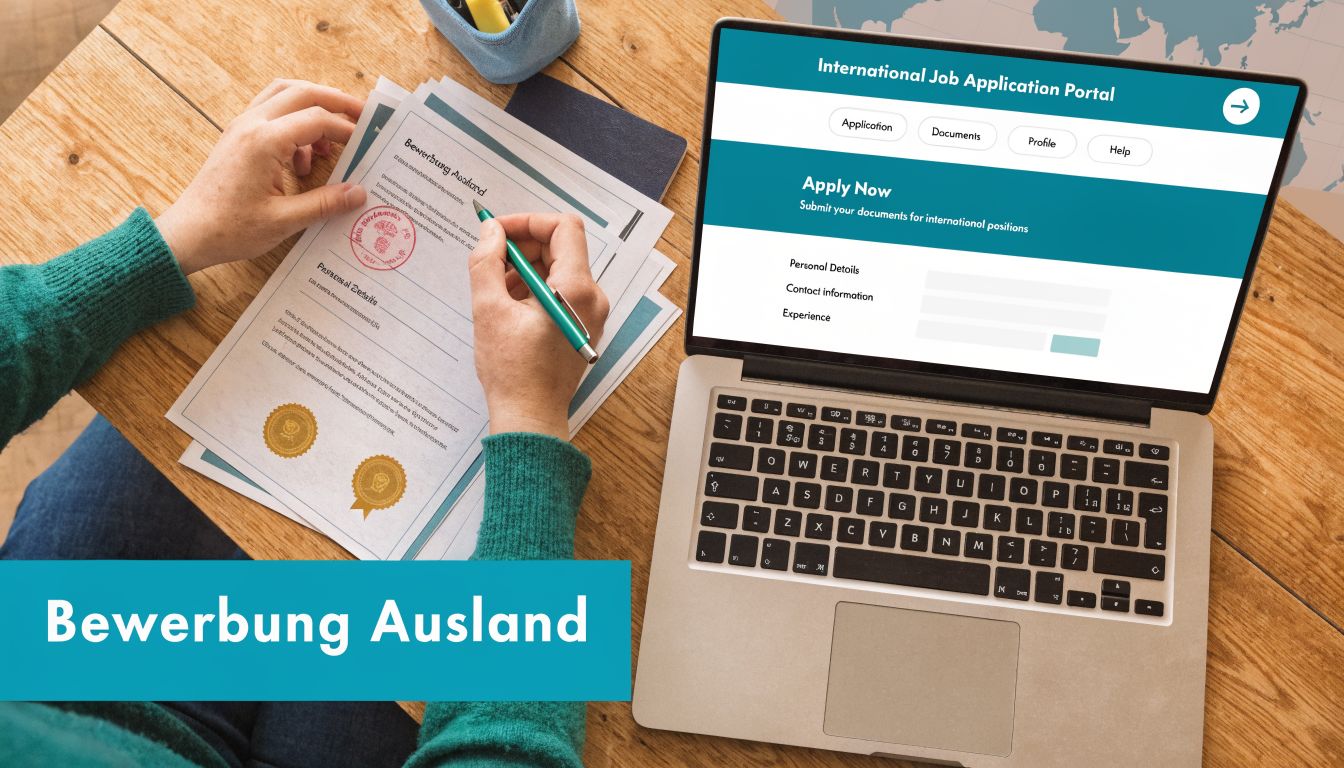 Eine Person füllt eine Bewerbung für eine Stelle im Ausland aus, mit einem Laptop und Dokumenten.