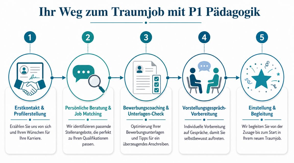 Eine Infografik, die die fünf Schritte von der ersten Kontaktaufnahme bis zur Einstellung bei P1 Pädagogik darstellt.