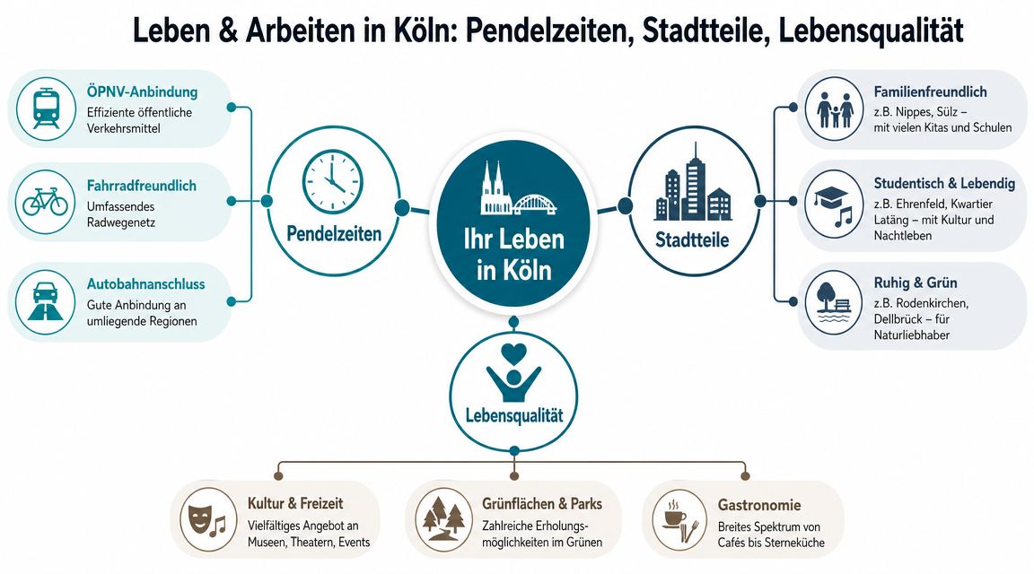 Eine Infografik über Lebensqualität, Pendelzeiten und Stadtteile für das Arbeiten und Leben in Köln.