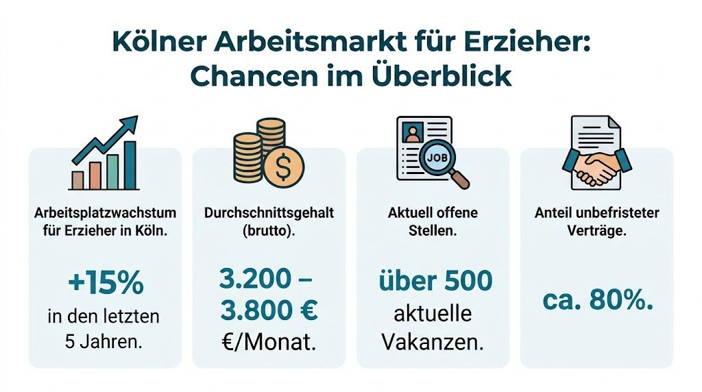 Infografik zum Arbeitsmarkt für Erzieher in Köln mit Daten zu Gehalt, Stellenwachstum und unbefristeten Arbeitsverträgen.