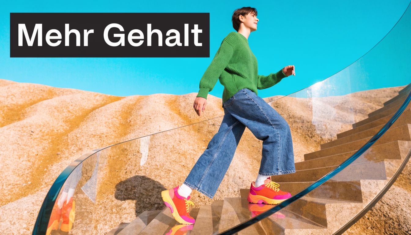 Eine Person steigt eine gläserne Treppe in einer Wüstenlandschaft hinauf, mit dem Text Mehr Gehalt im Hintergrund.