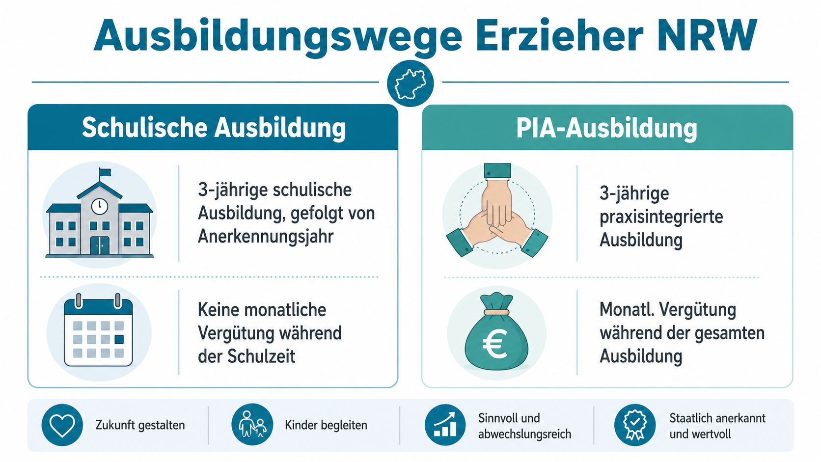 Übersicht der Ausbildungswege zum Erzieher in Nordrhein-Westfalen mit Vergleich zwischen schulischer und praxisintegrierter Ausbildung.