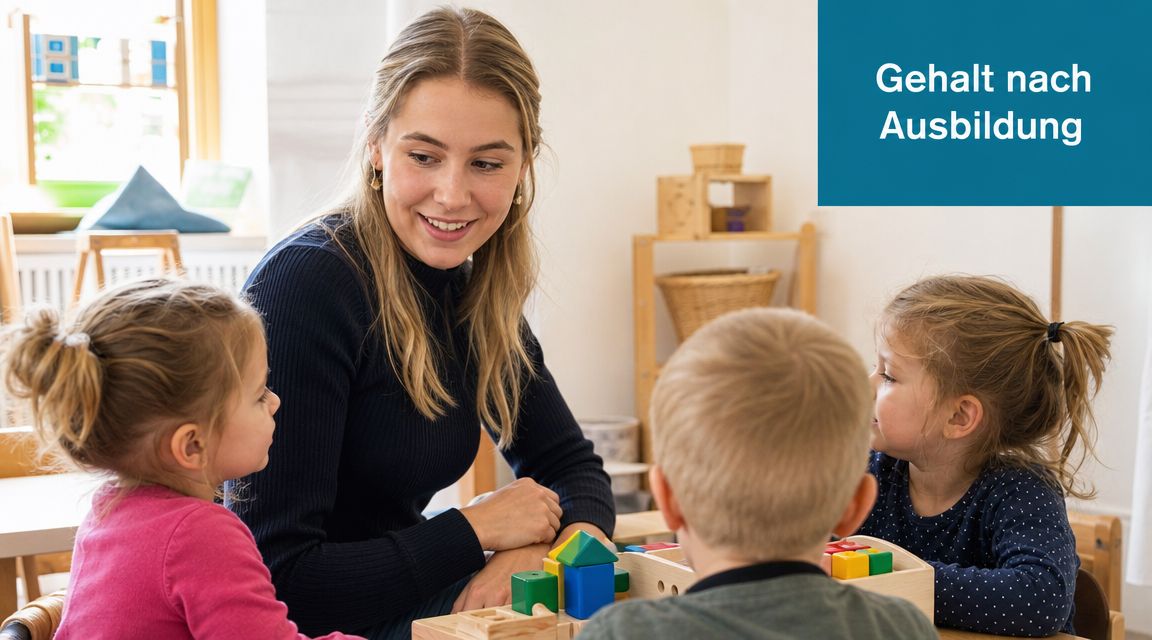 Eine lächelnde Erzieherin spielt mit Kindern im Kindergarten und unterstützt ihre frühkindliche Entwicklung durch pädagogische Spiele.