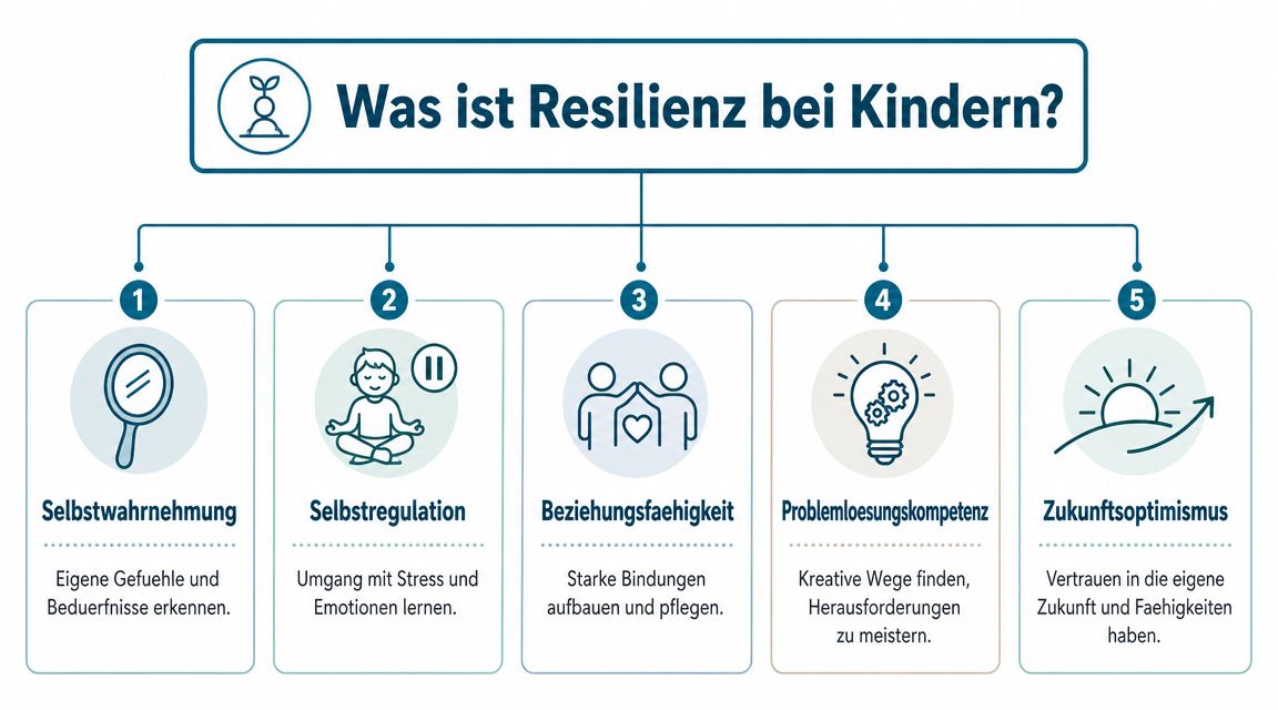 Eine Infografik erklärt die fünf Säulen der Resilienz bei Kindern mit Symbolen und kurzen deutschen Erklärungen.