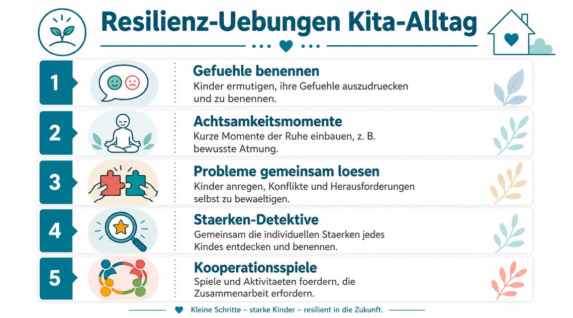 Eine Infografik mit fünf praktischen Übungen zur Förderung der kindlichen Resilienz im Kita-Alltag für Erzieher und Eltern.