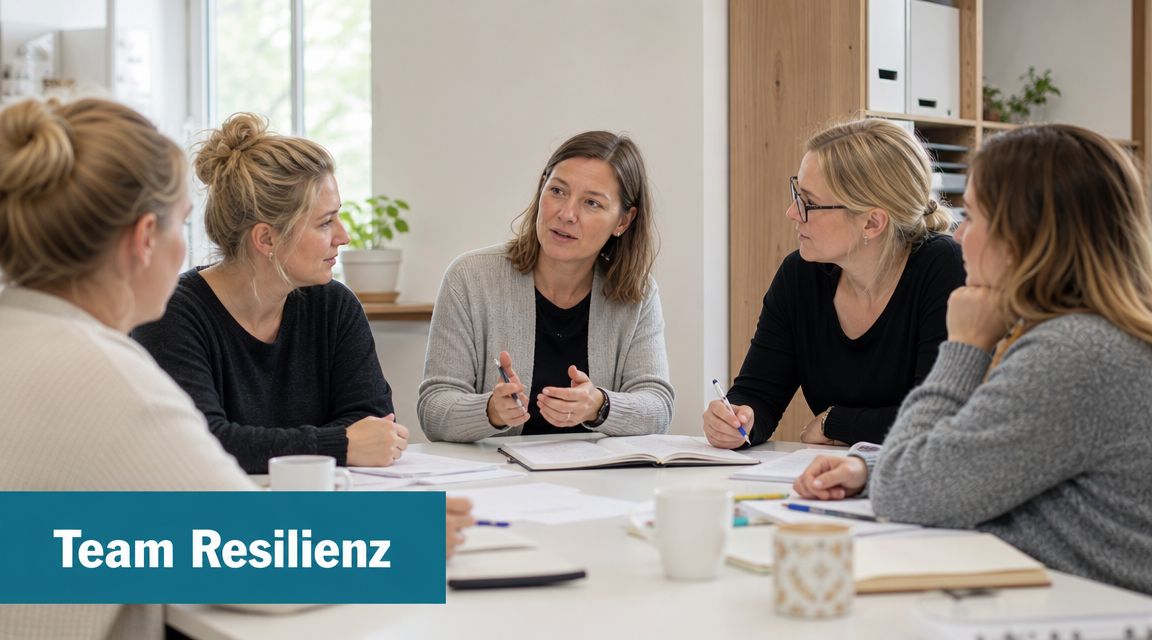 Ein Team von fünf Frauen sitzt gemeinsam an einem Tisch und arbeitet produktiv an einem Projekt zusammen.