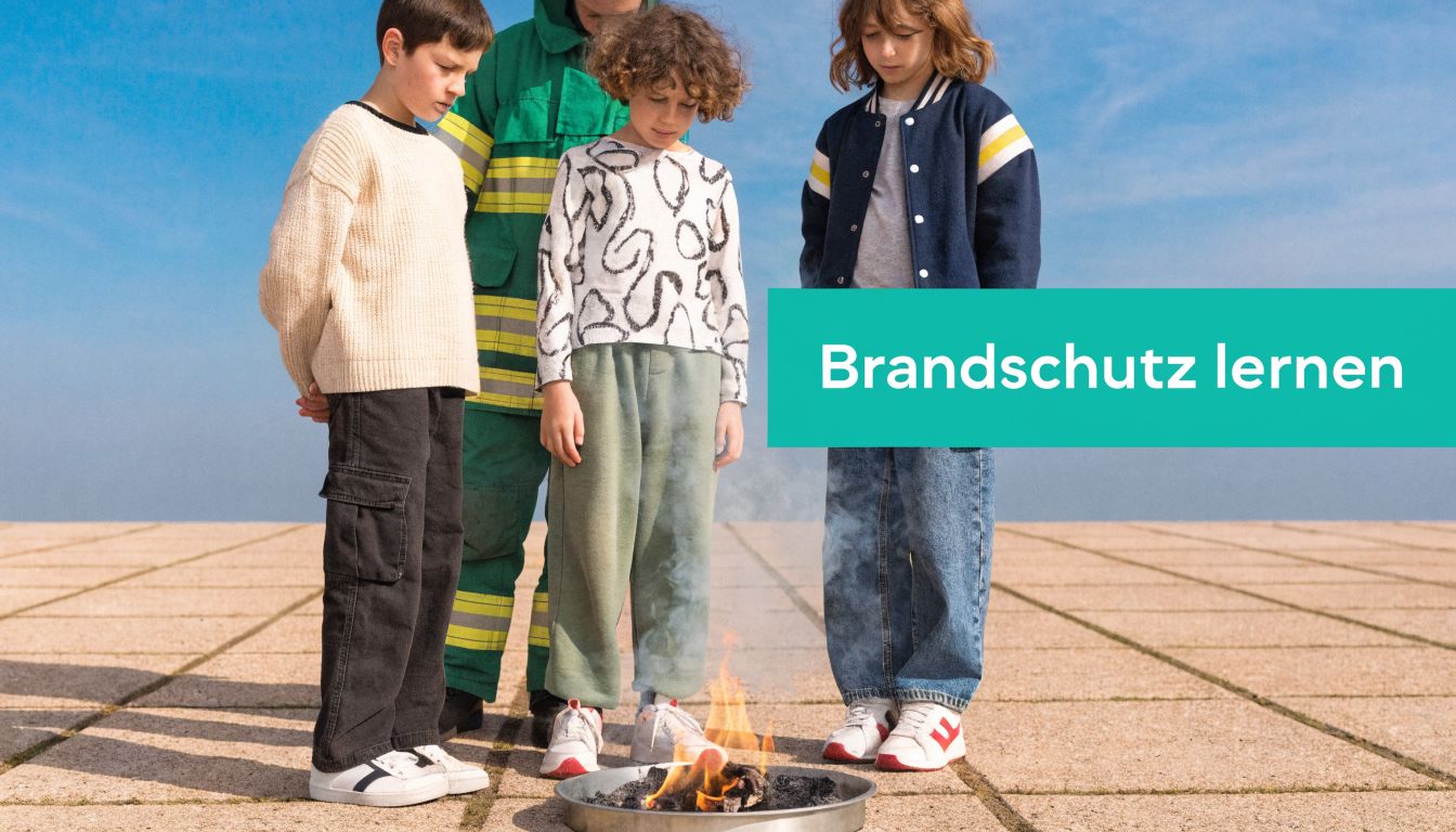 Ein Feuerwehrmann zeigt drei Kindern in einer Brandschutzübung, wie man sicher mit einer kleinen Feuerstelle umgeht.