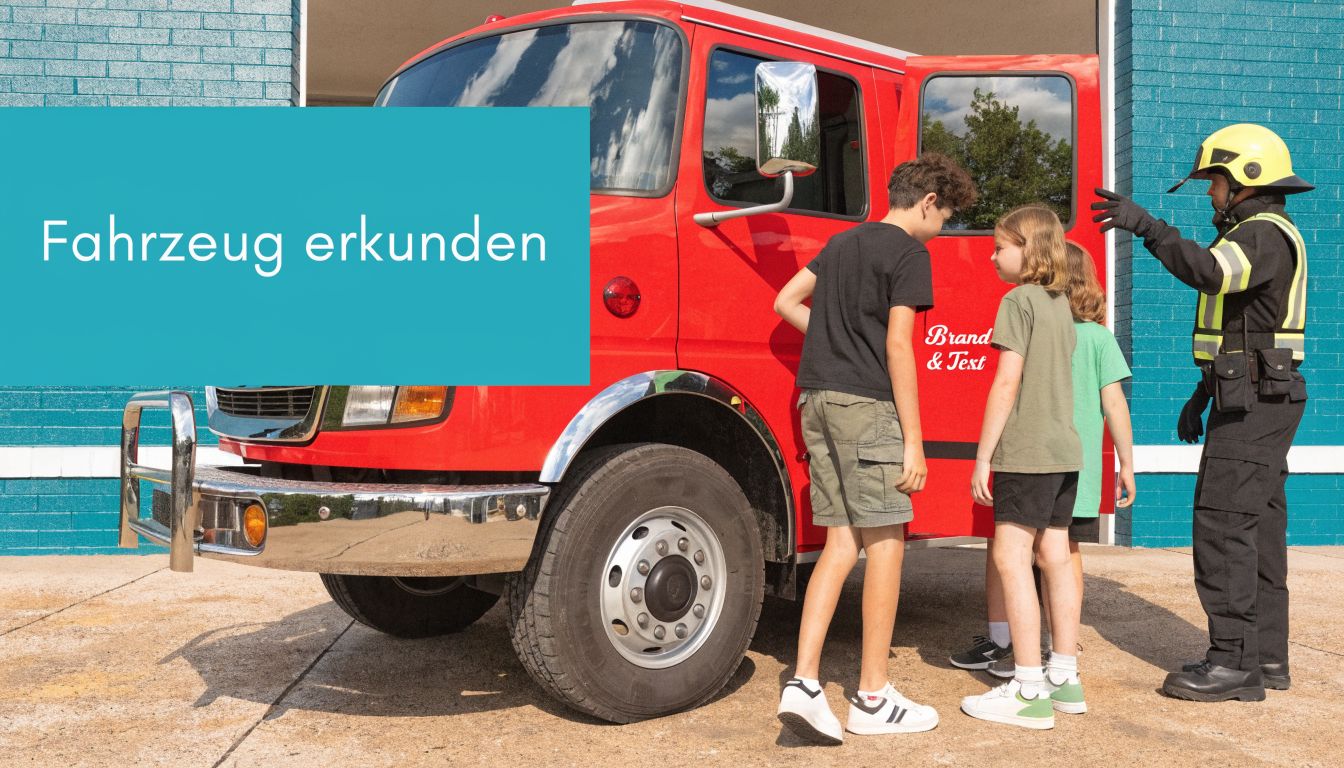 Ein Feuerwehrmann zeigt einer Gruppe von Kindern bei einer Gruppenstunde das rote Feuerwehrauto und seine Ausrüstung.
