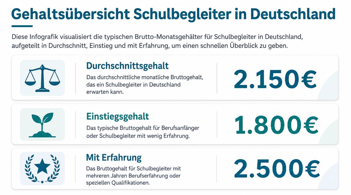 Infografik zeigt die typischen Brutto-Monatsgehälter für Schulbegleiter in Deutschland, unterteilt nach Durchschnitt, Einstieg und Erfahrung.