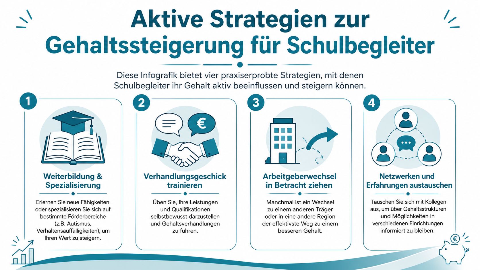 Eine Infografik mit vier Strategien, wie Schulbegleiter ihr Gehalt aktiv steigern und berufliche Chancen verbessern können.
