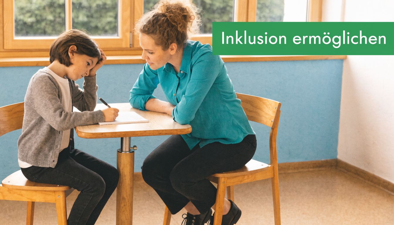 Eine Lehrerin unterstützt ein junges Kind bei seinen Schularbeiten an einem kleinen Holztisch in einem hellen Klassenzimmer.