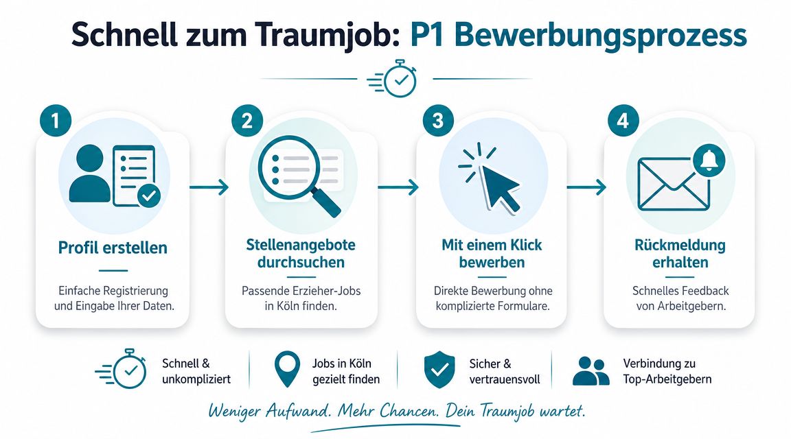 Grafik zur Darstellung des vierstufigen P1 Bewerbungsprozesses für Erzieher-Jobs in Köln mit einfacher Registrierung und schneller Rückmeldung.