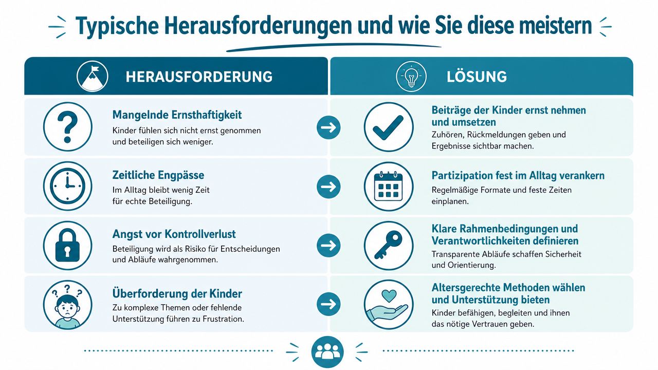 Übersicht zu typischen Herausforderungen bei der Partizipation von Kindern und hilfreiche Lösungsansätze für den pädagogischen Alltag.