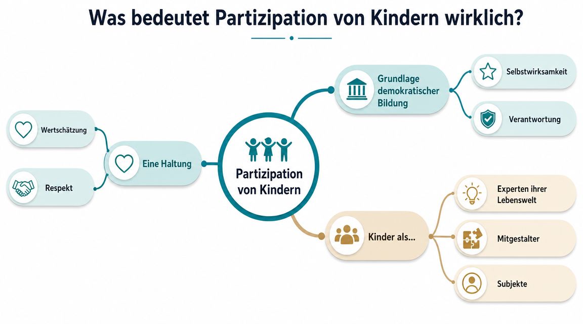 Eine Mindmap über die Partizipation von Kindern mit den Schwerpunkten Haltung, demokratische Bildung und Rolle der Kinder.
