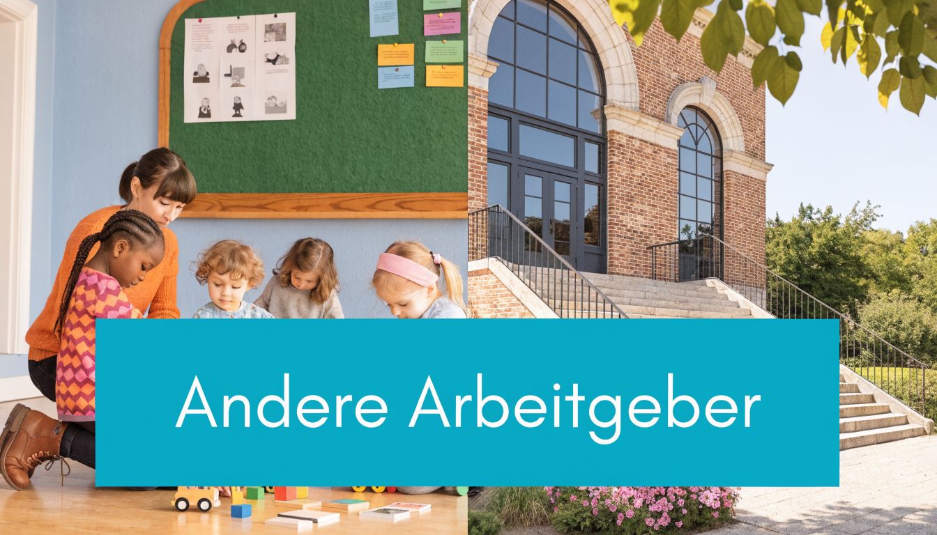 Eine Erzieherin spielt mit mehreren Kindern in einem Kindergarten vor einem Backsteingebäude im Freien.