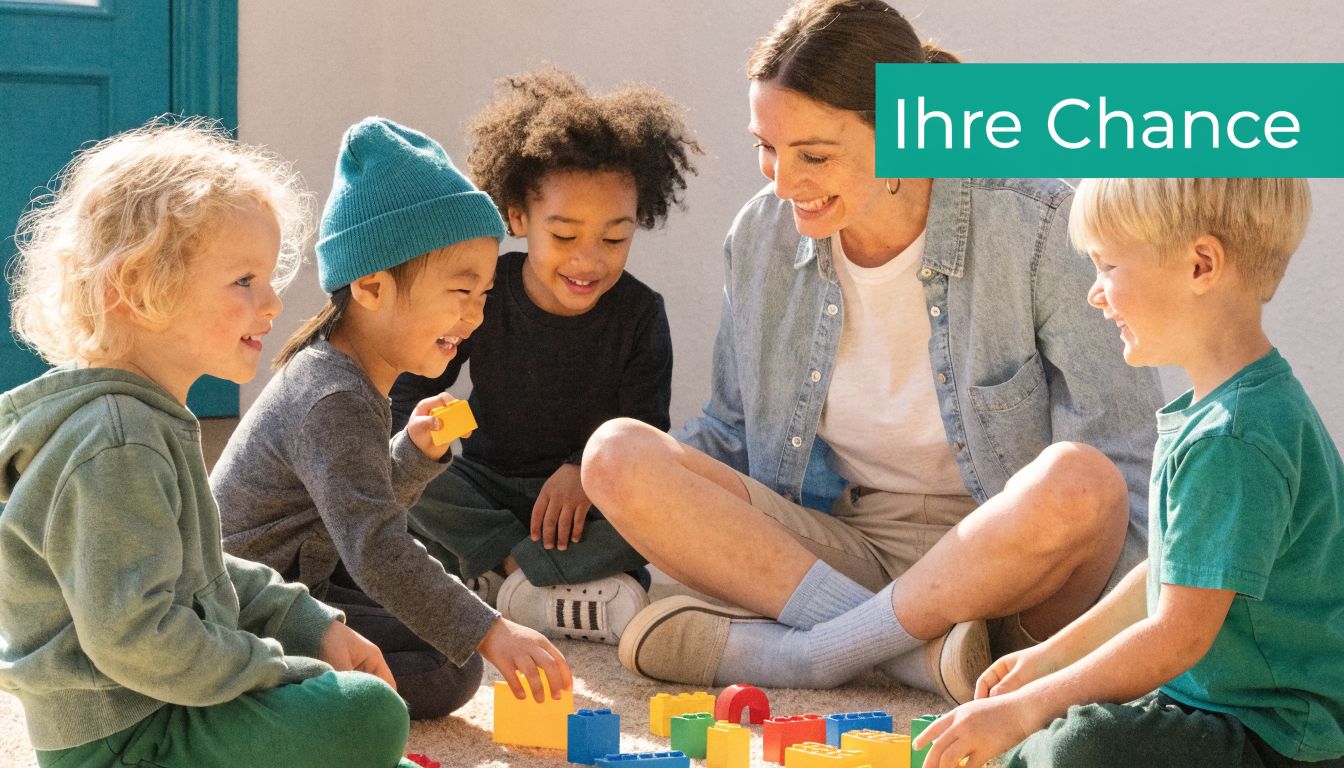 Eine lächelnde Lehrerin spielt mit einer Gruppe multikultureller Kinder auf einem Teppich mit bunten Bausteinen.