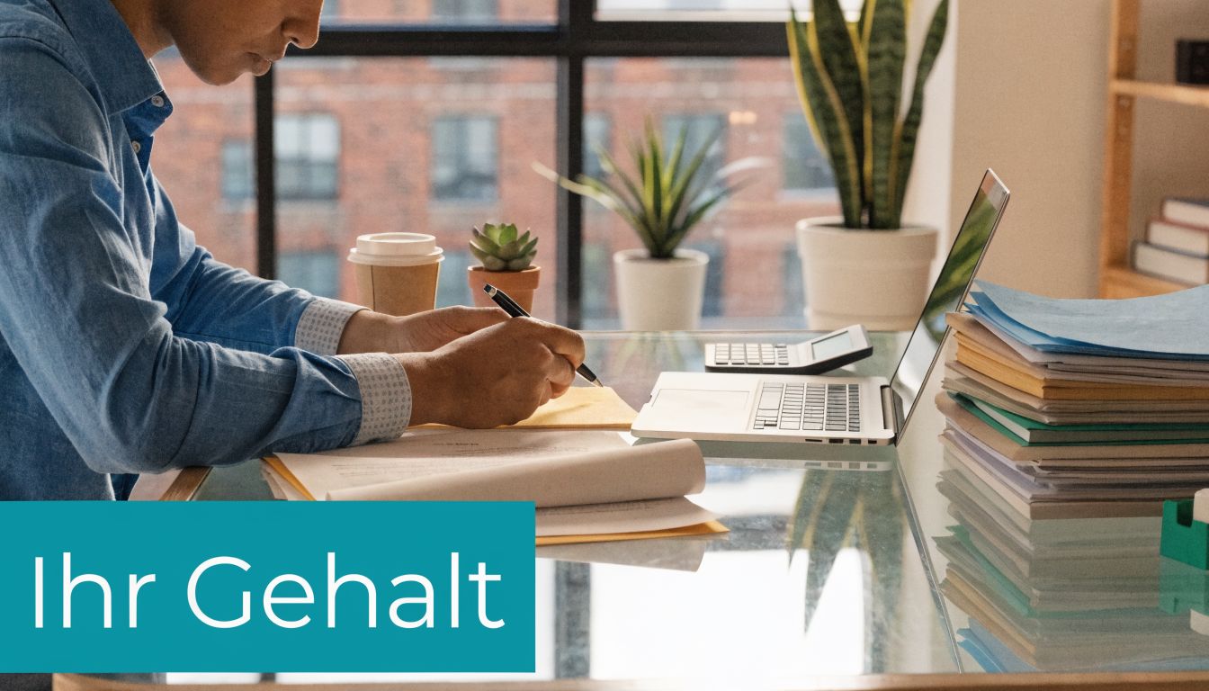 Eine Person sitzt an einem Schreibtisch mit Laptop und Dokumenten und schreibt Notizen zum Thema Gehalt.