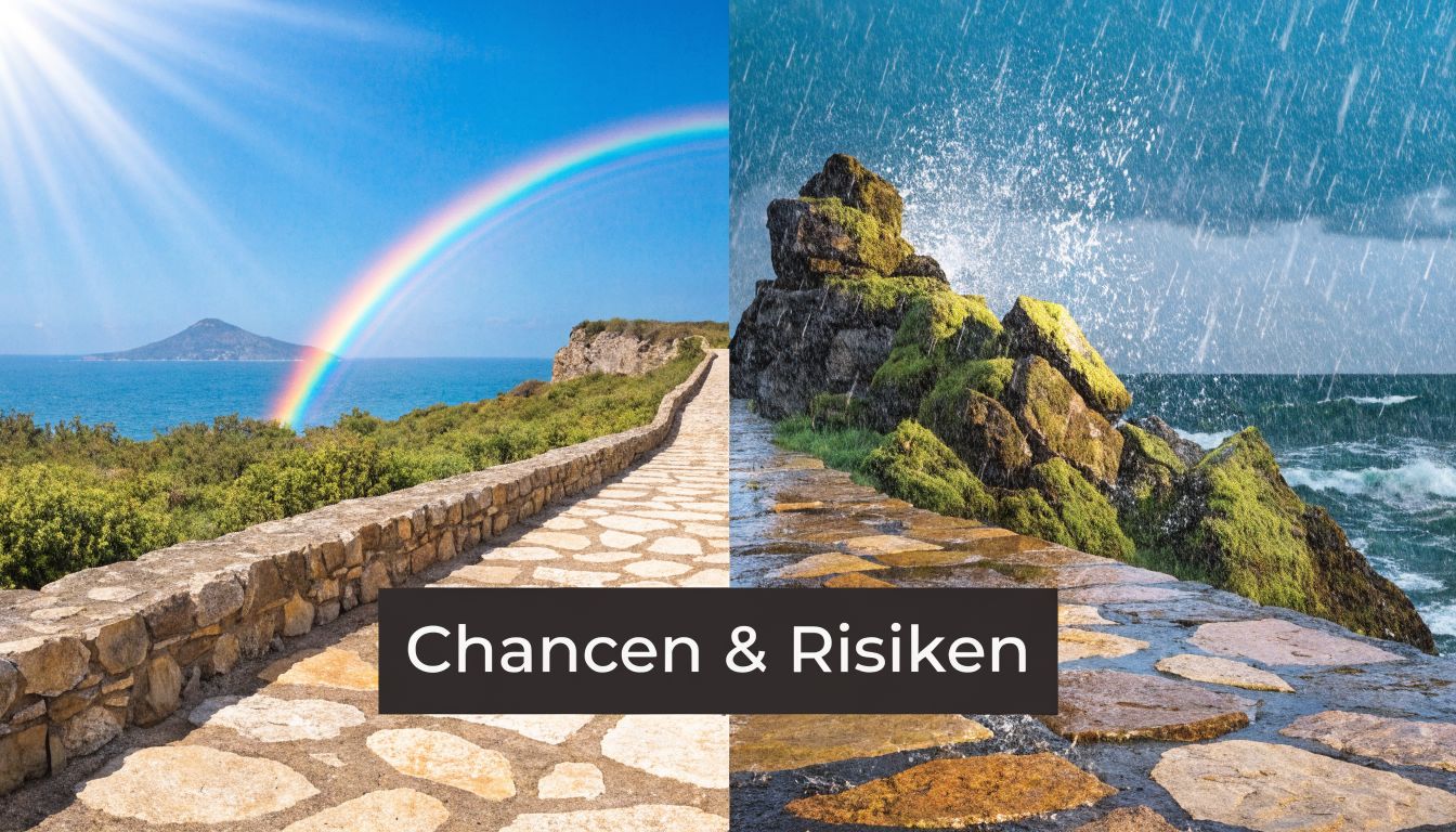 Zwei kontrastierende Landschaften mit sonnigem Regenbogen und stürmischem Wetter stehen symbolisch für Chancen und Risiken.