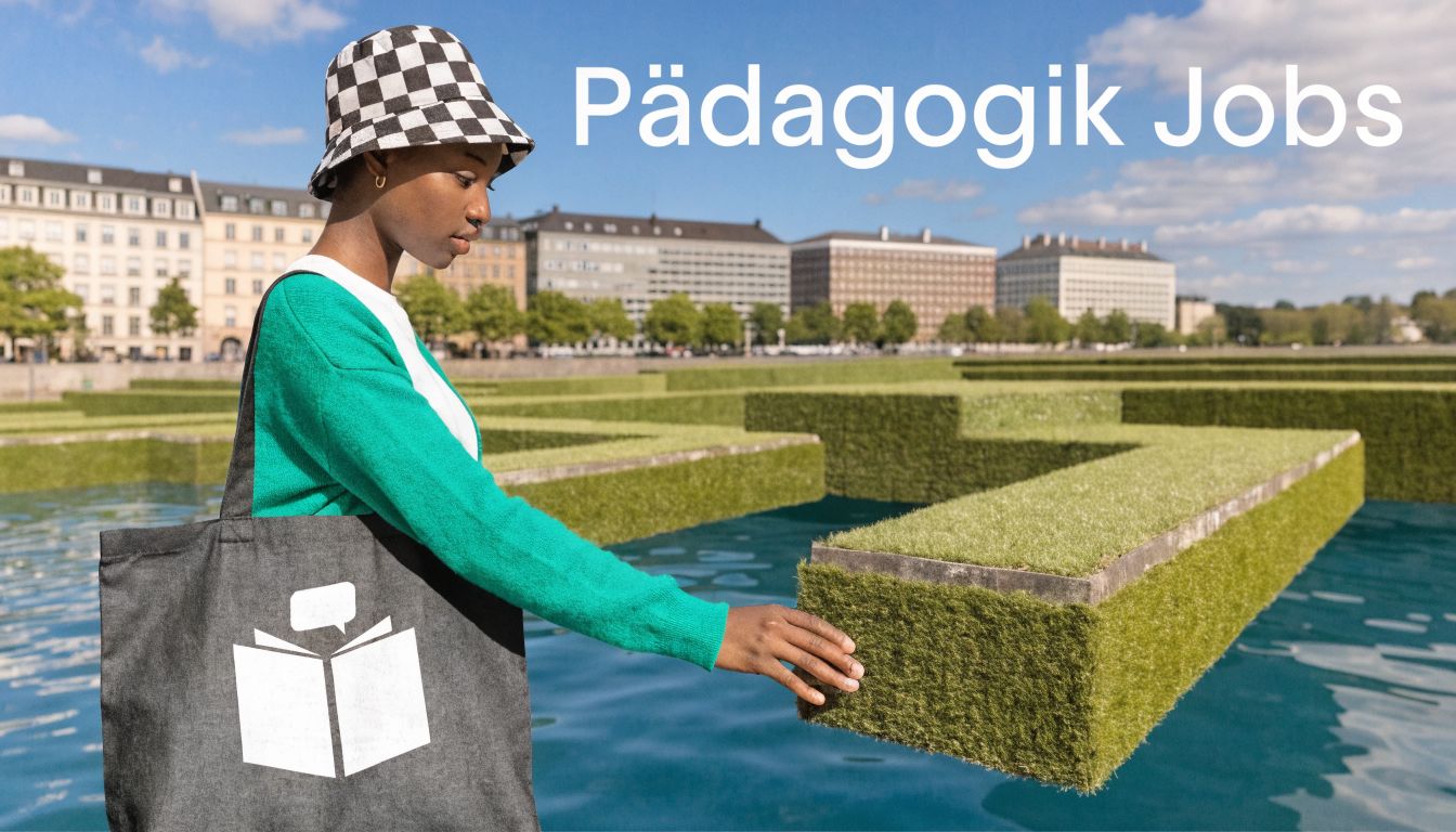 Eine junge Frau mit kariertem Hut berührt eine schwimmende Grasinsel in einem Teich in Hamburg.