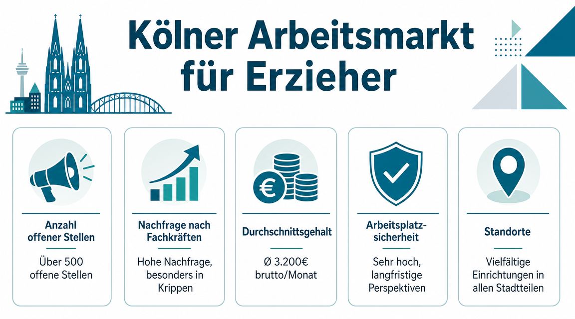 Infografik zum Kölner Arbeitsmarkt für Erzieher mit Informationen zu offenen Stellen, Gehalt und Karrieremöglichkeiten.