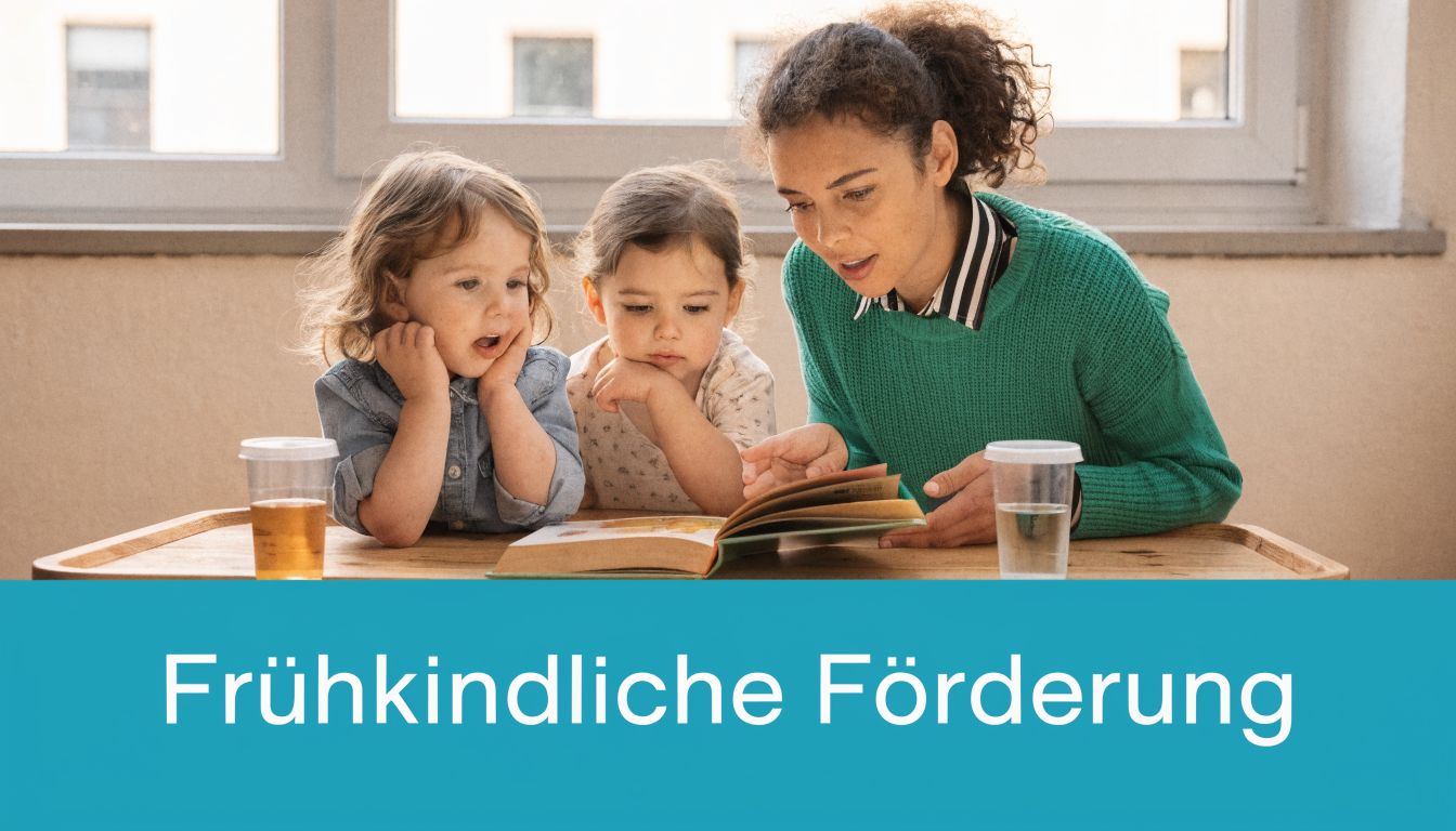 Eine Lehrerin liest gemeinsam mit zwei kleinen Kindern in einem Buch am Tisch.