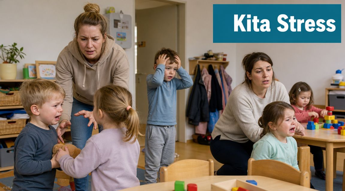 Zwei gestresste Erzieherinnen versuchen in einem Kindergarten weinende und aufgelöste Kinder zu beruhigen und zu trösten.