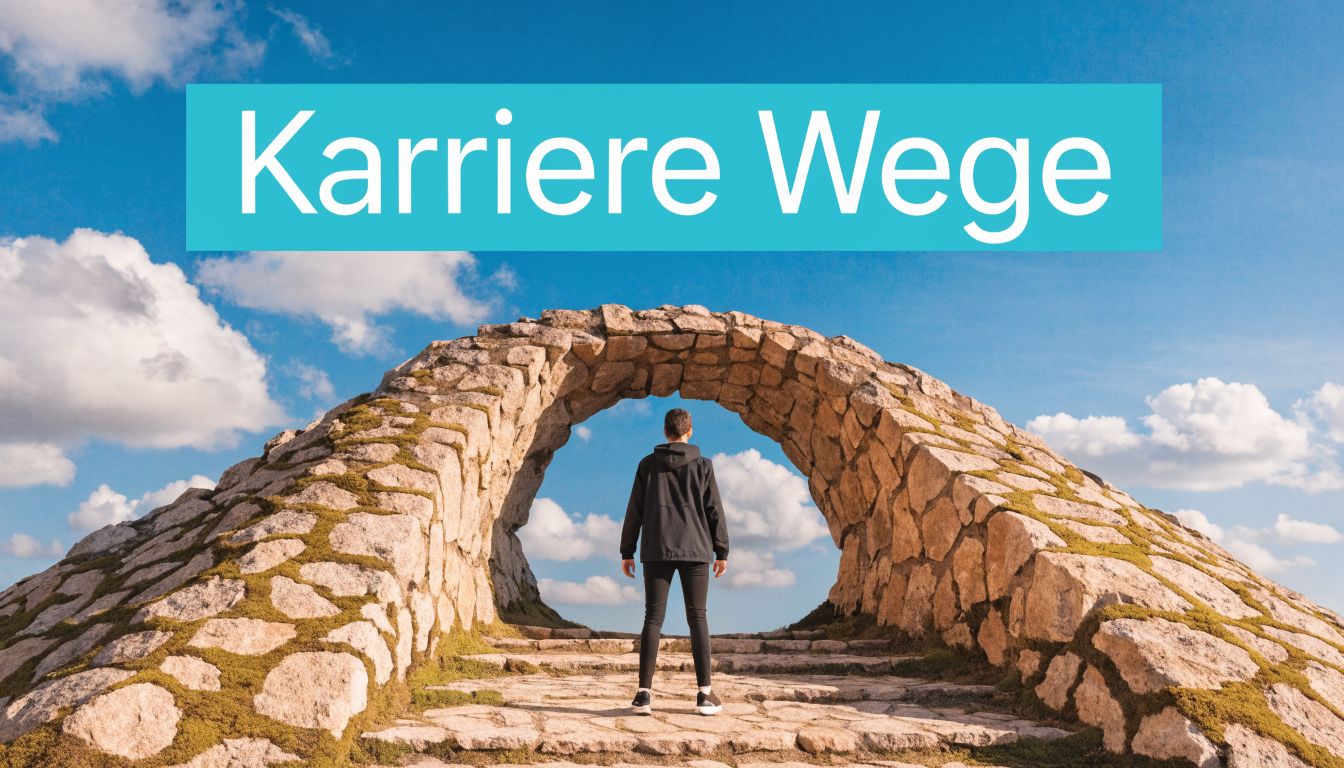 Eine Person steht vor einem steinernen Torbogen unter einem sonnigen blauen Himmel mit dem Text Karriere Wege.