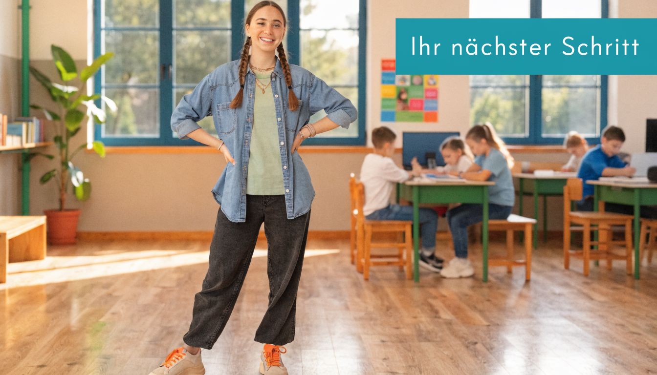Eine junge Frau mit Zöpfen steht lächelnd in einem Klassenzimmer vor Schülern, die an ihren Tischen lernen.