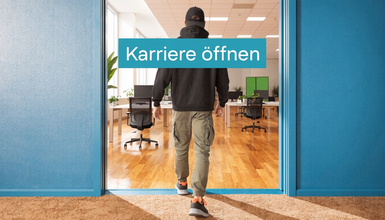 Eine Person geht durch einen Türrahmen in ein modernes, helles Büro mit verschiedenen Arbeitsplätzen.